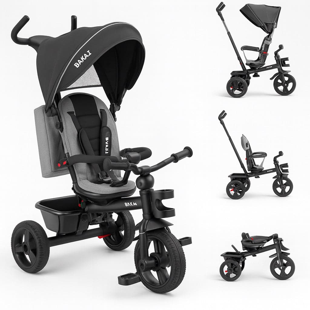 Triciclo Bambini 5in1 con Sedile Girevole 360°, Cappottina, Pedali e Maniglione Regolabile Nero in Tricicli Danyx - Casoria, commercioVirtuoso.it