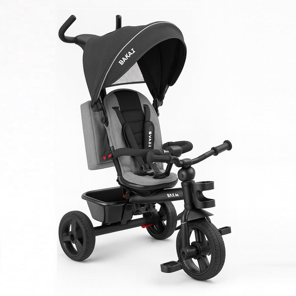 Triciclo Bambini 5in1 con Sedile Girevole 360°, Cappottina, Pedali e Maniglione Regolabile Nero