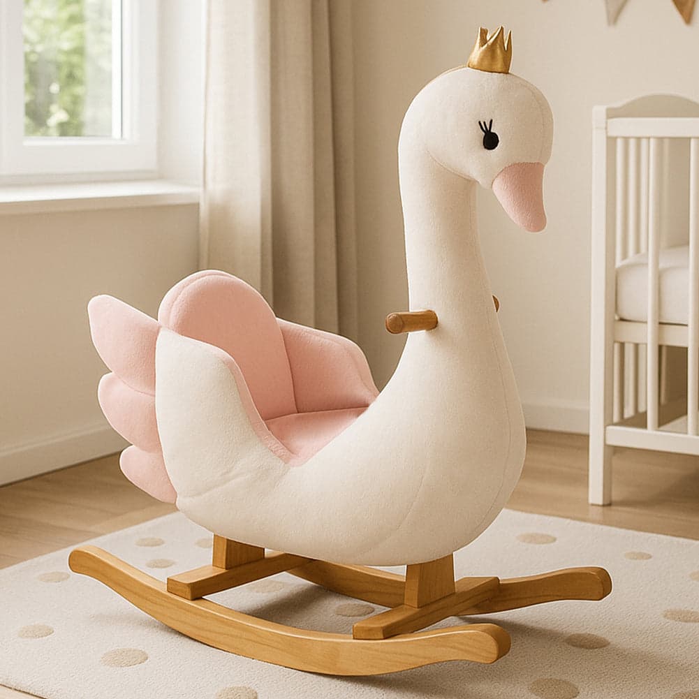 Cigno Cavallo a Dondolo per Bambini Rivestimento in Peluche Cinture di Sicurezza