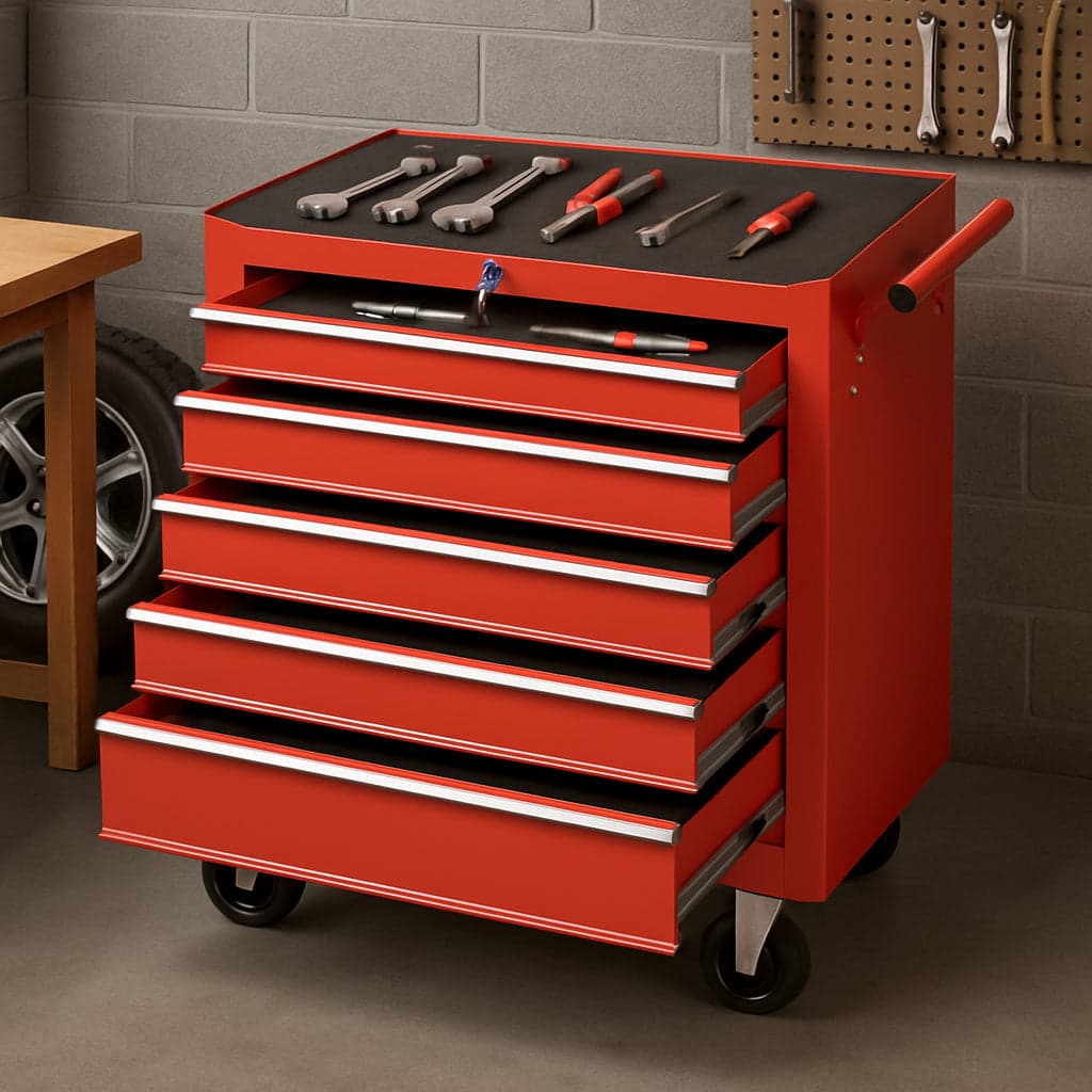 Carrello Portautensili 5 Cassetti Mobiletto con 4 Ruote Maniglia per Garage Officina Rosso