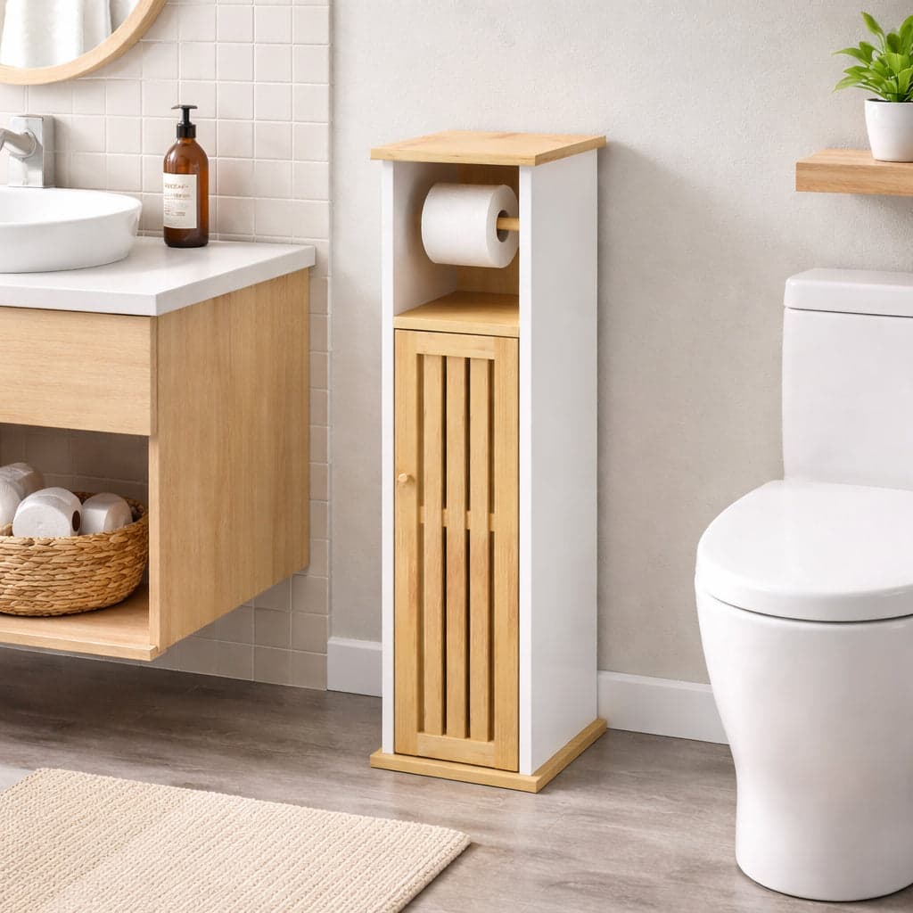Colonna Mobiletto Bagno Moderno Bianco Legno Bambù 18x18x75 cm Porta Carta Igienica in Mobili a colonna Danyx - Casoria, commercioVirtuoso.it