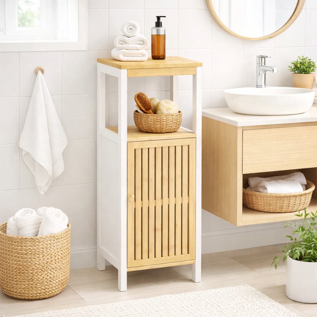 Colonna Mobiletto Bagno Moderno Bianco Legno e Bambù 32x30x91 cm 1 Anta 2 Ripiani in Mobili a colonna Danyx - Casoria, commercioVirtuoso.it