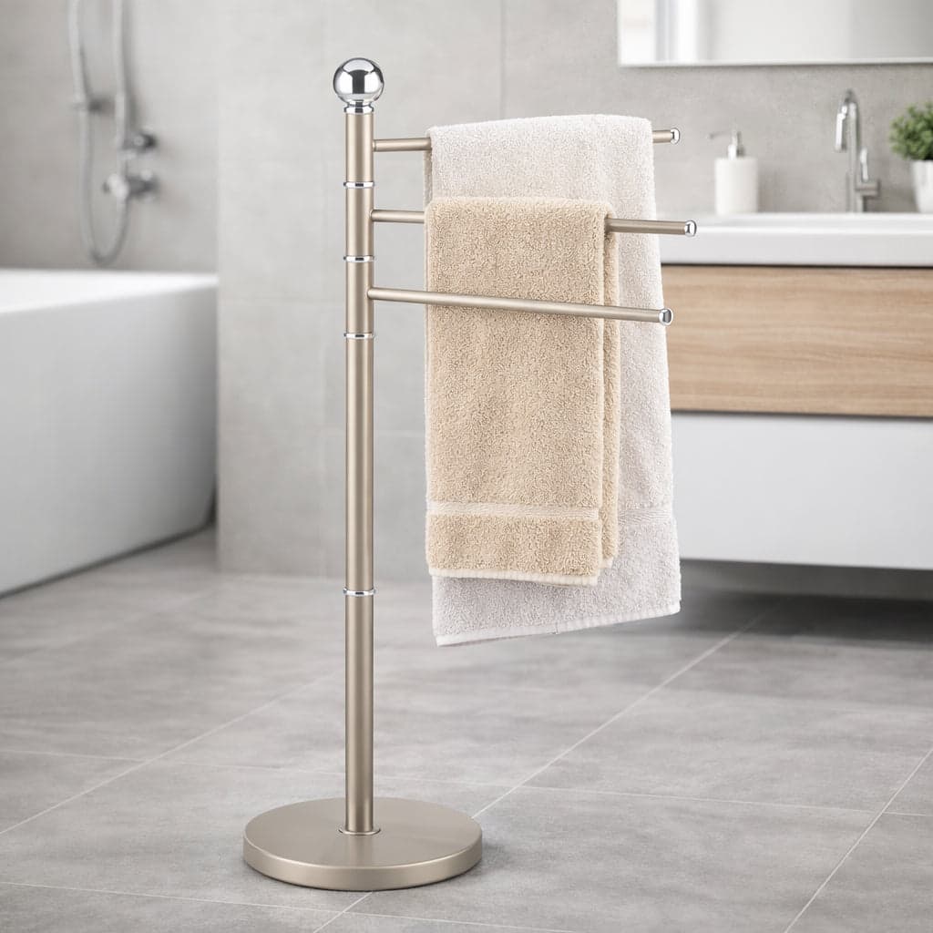 Piantana Porta Asciugamani da Bagno Acciaio Smaltato Base Tonda 3 Braccia Tortora
