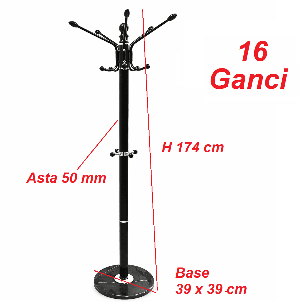 Appendiabiti in Metallo con Base in Pietra Nero 174 cm Moderno con 16 Ganci in Appendiabiti Danyx - Casoria, commercioVirtuoso.it