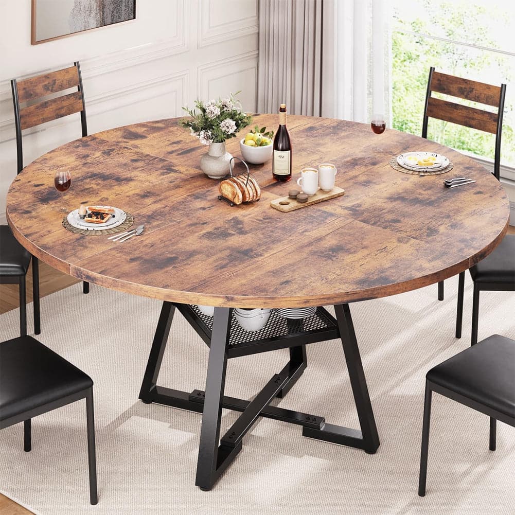 Tavolo da Pranzo Tondo Industrial 120x120 cm con Ripiano Portaoggetti Metallo Nero in Tavoli da sala da pranzo Danyx - Casoria, commercioVirtuoso.it
