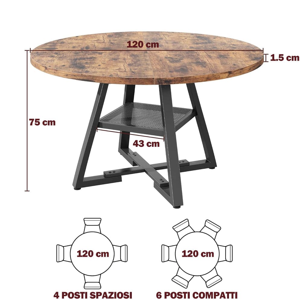 Tavolo da Pranzo Tondo Industrial 120x120 cm con Ripiano Portaoggetti Metallo Nero in Tavoli da sala da pranzo Danyx - Casoria, commercioVirtuoso.it