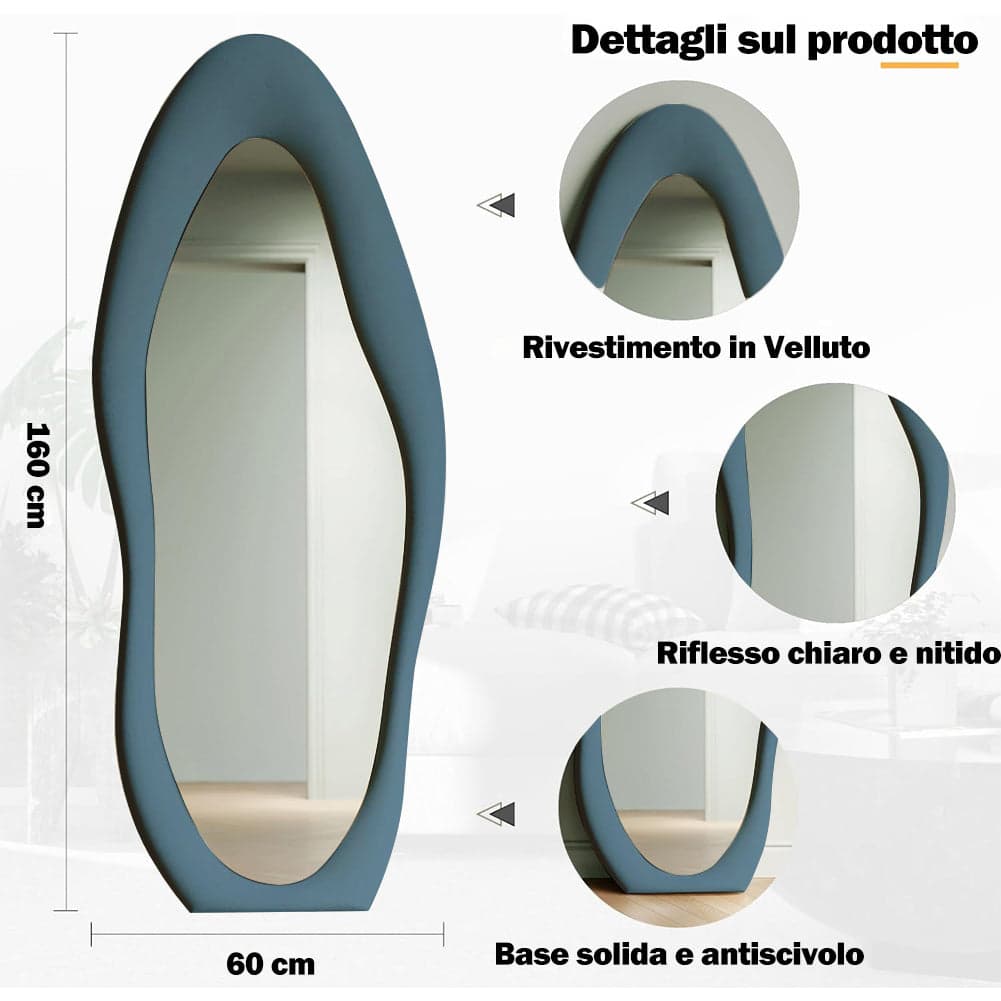 Specchio Grande Ondulato 60x160 cm da Parete con Cornice in Velluto Moderno Blu in Specchi da parete Danyx - Casoria, commercioVirtuoso.it
