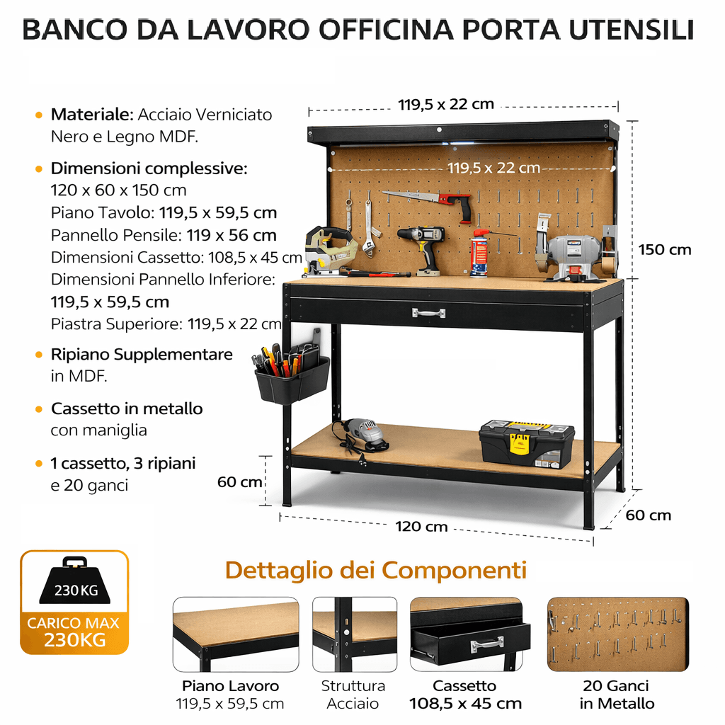 Banco Lavoro Officina Porta Utensili 120x60 H150 cm Cassetto 20 Ganci 3 Ripiani in Banchi da lavoro Danyx - Casoria, commercioVirtuoso.it