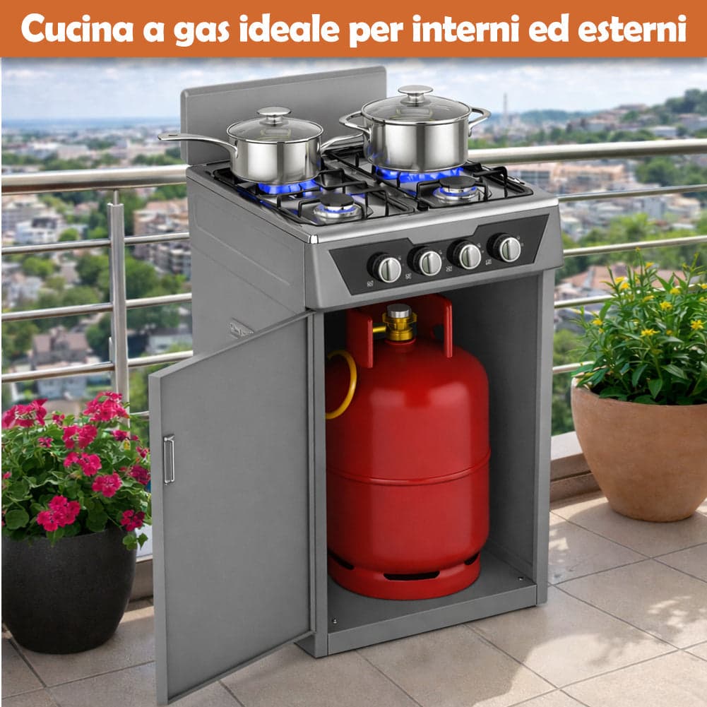 Cucina a Gas 4 Guochi da Esterni con Portabombola e Paravento Compatta Grigio in Fornelli Danyx - Casoria, commercioVirtuoso.it