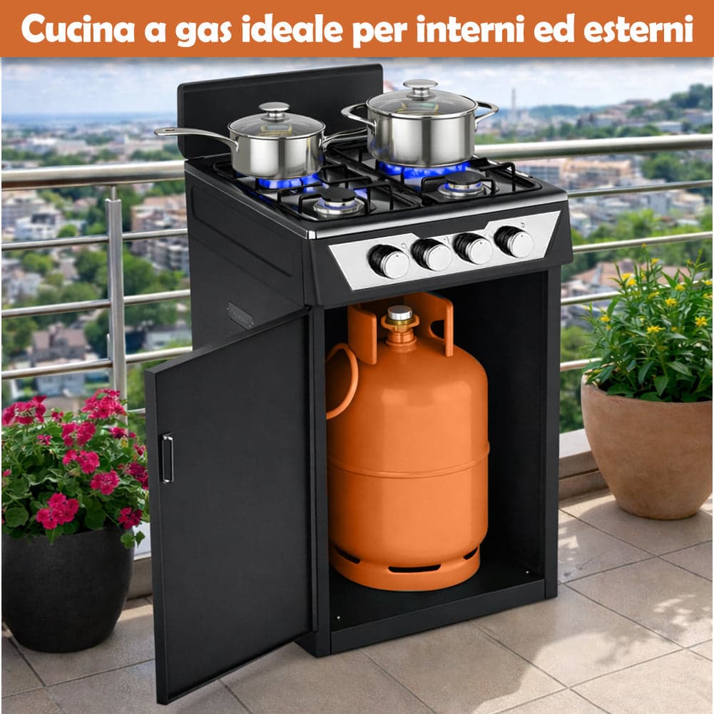 Cucina a Gas 4 Guochi da Esterni con Portabombola e Paravento Compatta Nero in Fornelli Danyx - Casoria, commercioVirtuoso.it