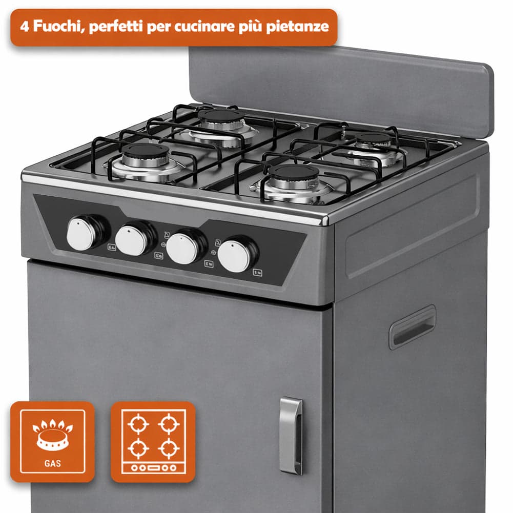 Cucina a Gas 4 Guochi da Esterni con Portabombola e Paravento Compatta Grigio in Fornelli Danyx - Casoria, commercioVirtuoso.it