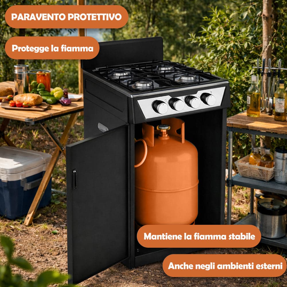 Cucina a Gas 4 Guochi da Esterni con Portabombola e Paravento Compatta Nero in Fornelli Danyx - Casoria, commercioVirtuoso.it
