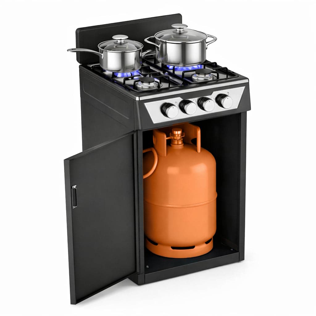 Cucina a Gas 4 Guochi da Esterni con Portabombola e Paravento Compatta Nero in Fornelli Danyx - Casoria, commercioVirtuoso.it