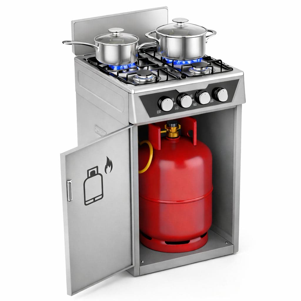 Cucina a Gas 4 Guochi da Esterni con Portabombola e Paravento Compatta Grigio in Fornelli Danyx - Casoria, commercioVirtuoso.it