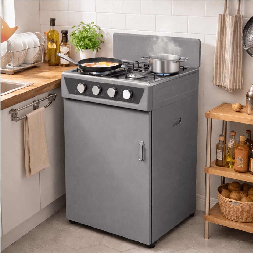 Cucina a Gas 4 Guochi da Esterni con Portabombola e Paravento Compatta Grigio
