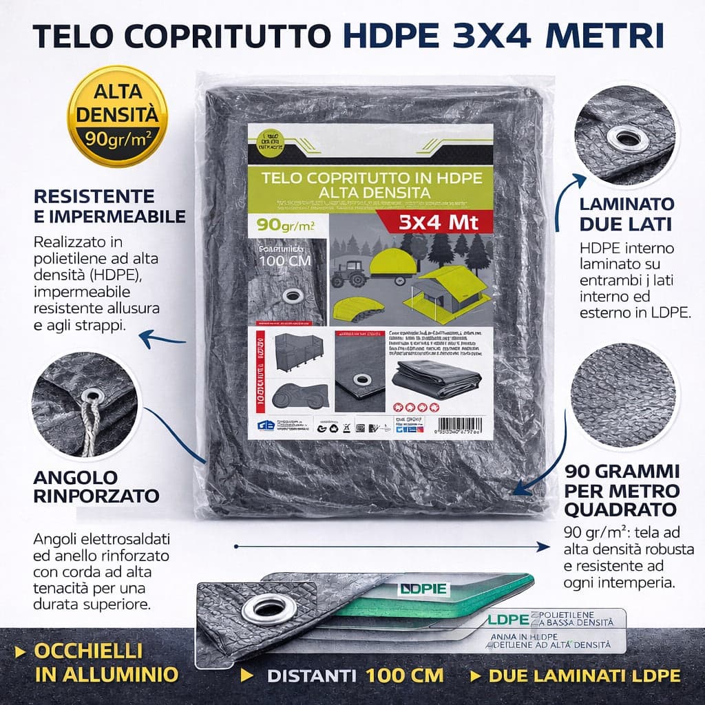 Telo Copritutto in HDPE 3x4 mt Resistente Occhielli Alluminio Alta Densità 90gr/mq in Teloni Danyx - Casoria, commercioVirtuoso.it
