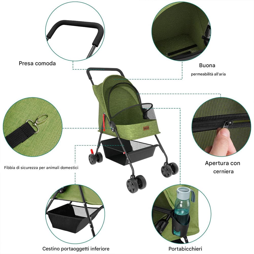 Passeggino Pieghevole per Cani e Gatti con Cappottina Max 15kg Animali Domestici Verde in Passeggini Danyx - Casoria, commercioVirtuoso.it