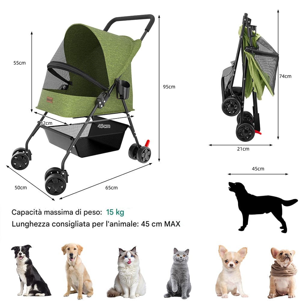 Passeggino Pieghevole per Cani e Gatti con Cappottina Max 15kg Animali Domestici Verde in Passeggini Danyx - Casoria, commercioVirtuoso.it