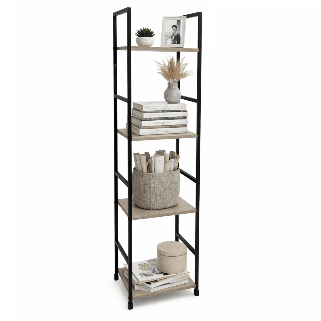 Mobile Scaffale Industrial 4 Ripiani Metallo Nero Legno Mdf Rovere 29x24 H112cm
