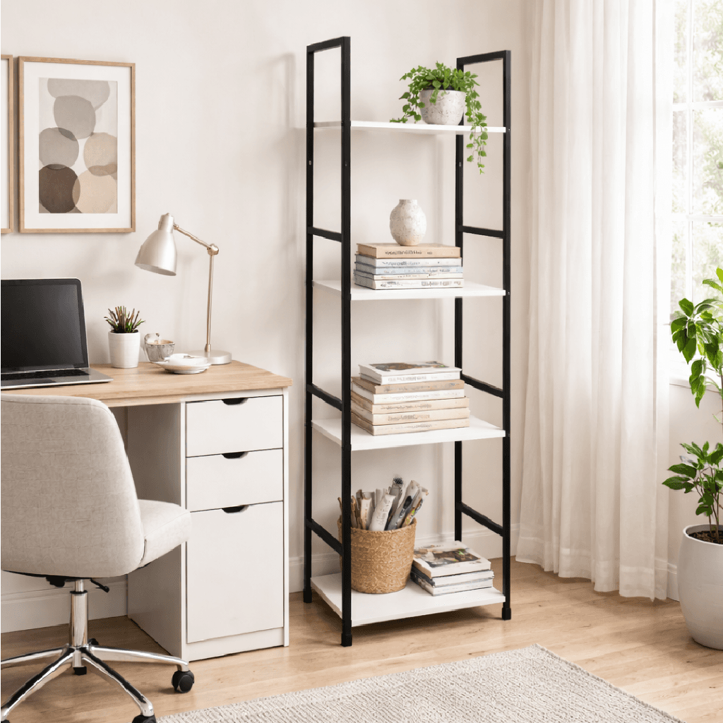 Mobile Scaffale Industrial 4 Ripiani Metallo Nero Legno Mdf Bianco 29x24 H112cm in Librerie Danyx - Casoria, commercioVirtuoso.it