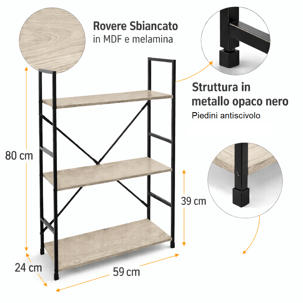 Mobile Scaffale Industrial 3 Ripiani Metallo Nero Legno Mdf Rovere 59x24 H80cm in Librerie Danyx - Casoria, commercioVirtuoso.it