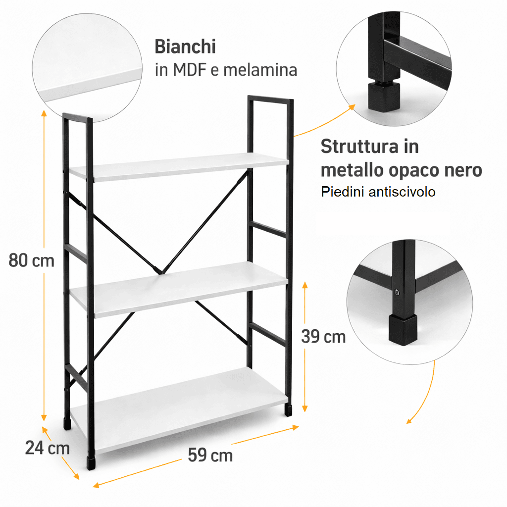 Mobile Scaffale Industrial 3 Ripiani Metallo Nero Legno Mdf Bianco 59x24 H80cm in Librerie Danyx - Casoria, commercioVirtuoso.it