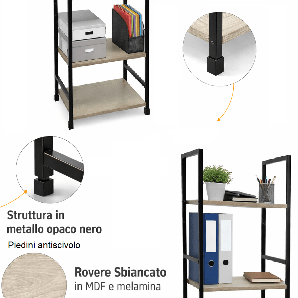 Mobile Scaffale Industrial 4 Ripiani Metallo Nero Legno Mdf Rovere 29x24 H112cm in Librerie Danyx - Casoria, commercioVirtuoso.it