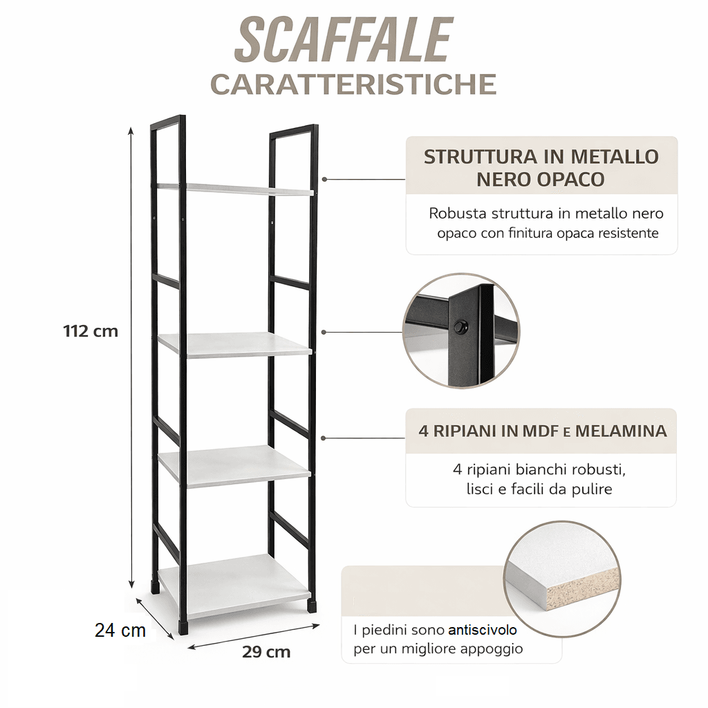Mobile Scaffale Industrial 4 Ripiani Metallo Nero Legno Mdf Bianco 29x24 H112cm in Librerie Danyx - Casoria, commercioVirtuoso.it