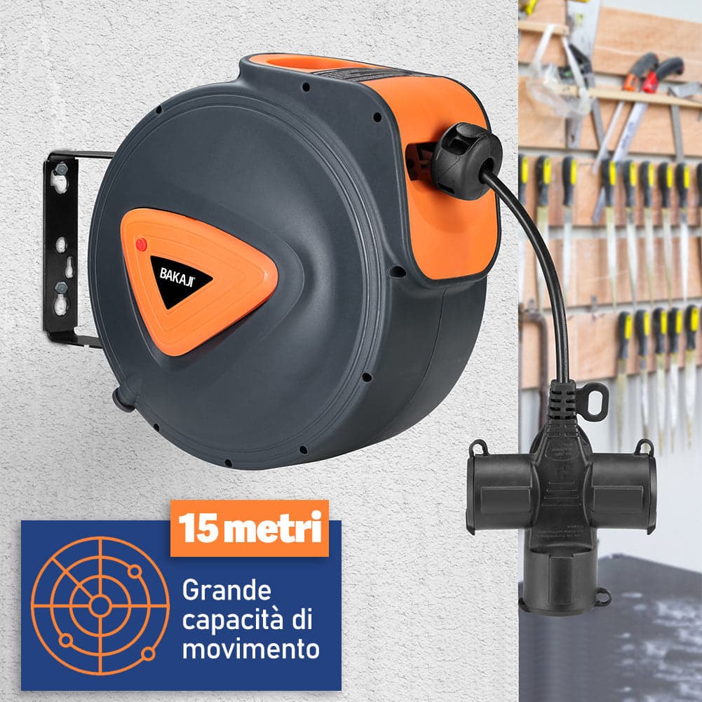 Avvolgicavo Elettrico 15 Metri con Supporto a Muro Rotante 180° e Multipresa 16Amp in Multiprese Danyx - Casoria, commercioVirtuoso.it