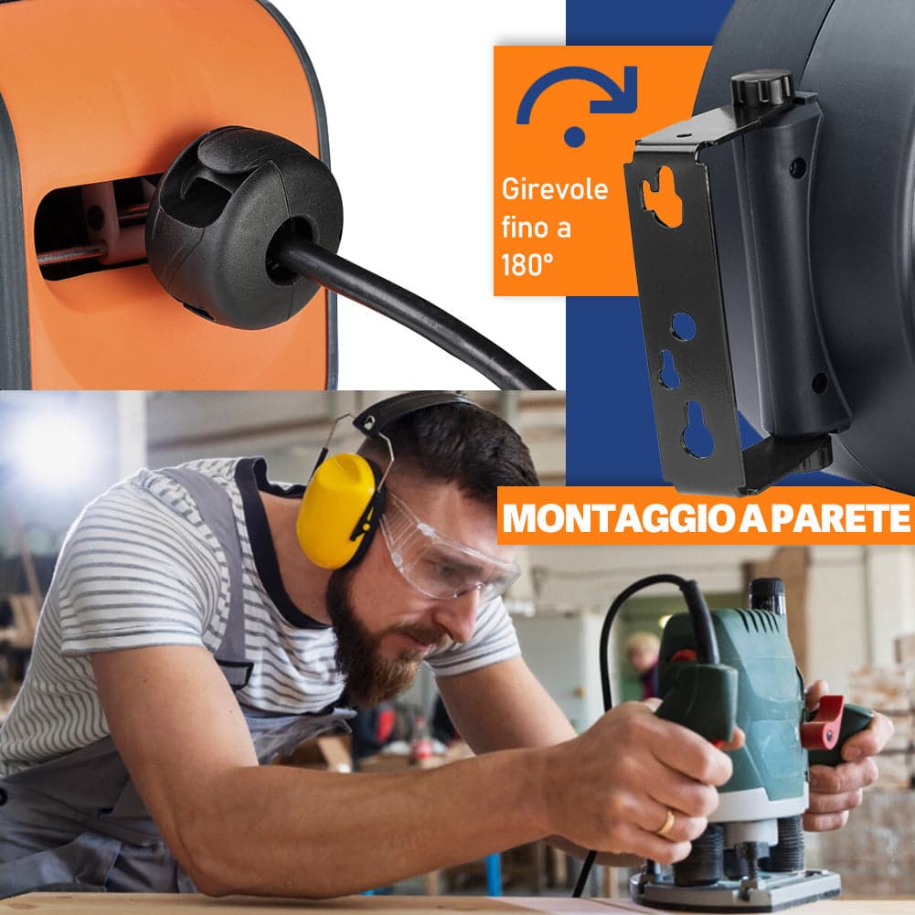 Avvolgicavo Elettrico 15 Metri con Supporto a Muro Rotante 180° e Multipresa 16Amp in Multiprese Danyx - Casoria, commercioVirtuoso.it