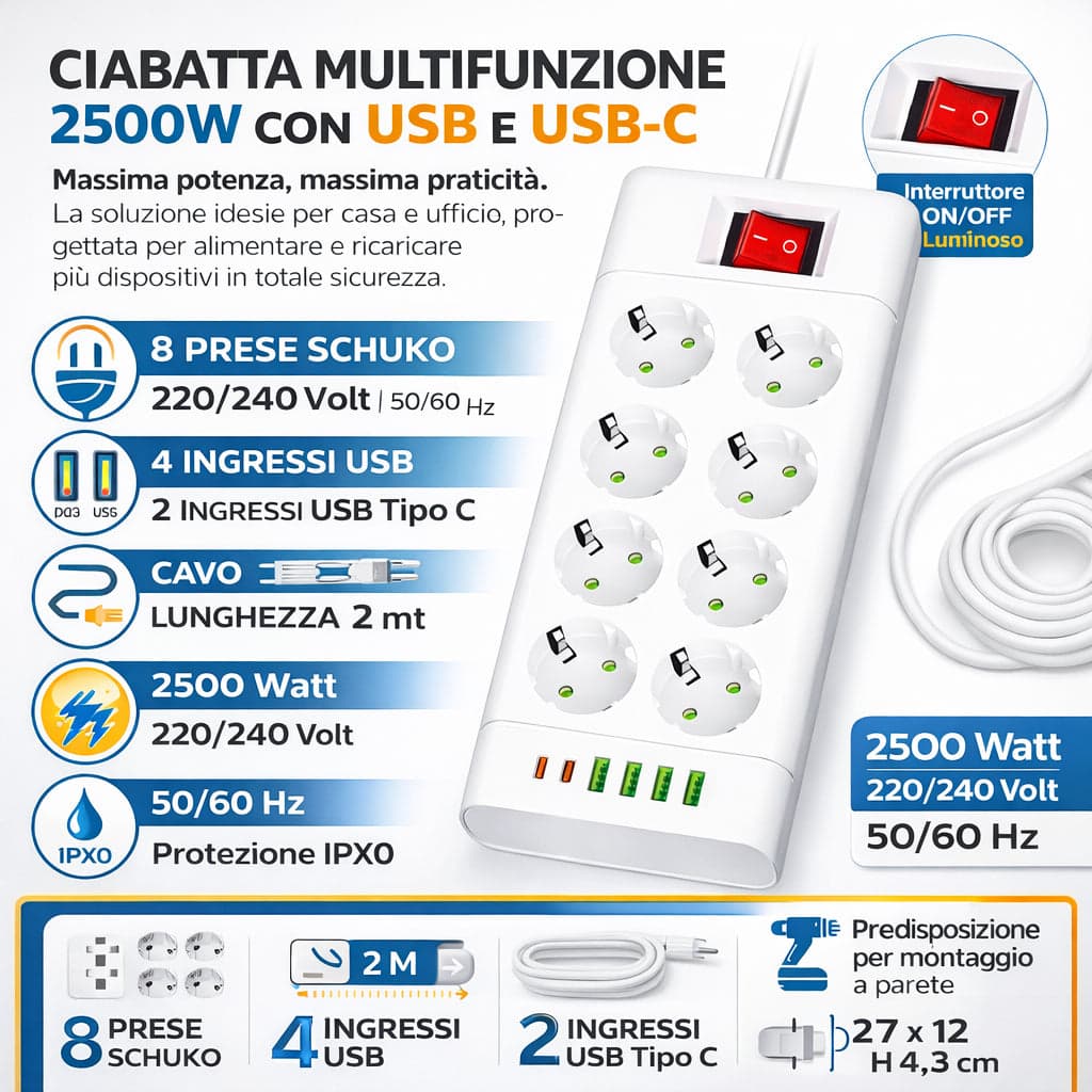 Ciabatta Multifunzione 8 Prese Schuko 5 USB 2500W con Interruttore Protezione IPX0 in Multiprese Danyx - Casoria, commercioVirtuoso.it