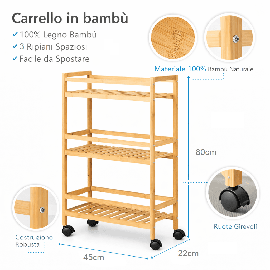 Carrello in Legno Bambù Slim 3 Ripiani con Ruote 45x22 h80 Cucina Bagno Ufficio in Carrelli porta oggetti Danyx - Casoria, commercioVirtuoso.it