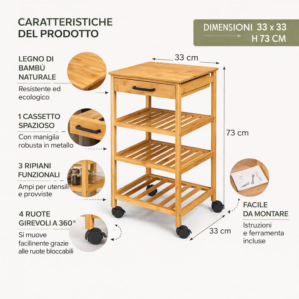 Carrello Cucina in Legno Bambù con Cassetto 3 Ripiani 4 Ruote 360 Design Minimal in Carrelli da portata Danyx - Casoria, commercioVirtuoso.it