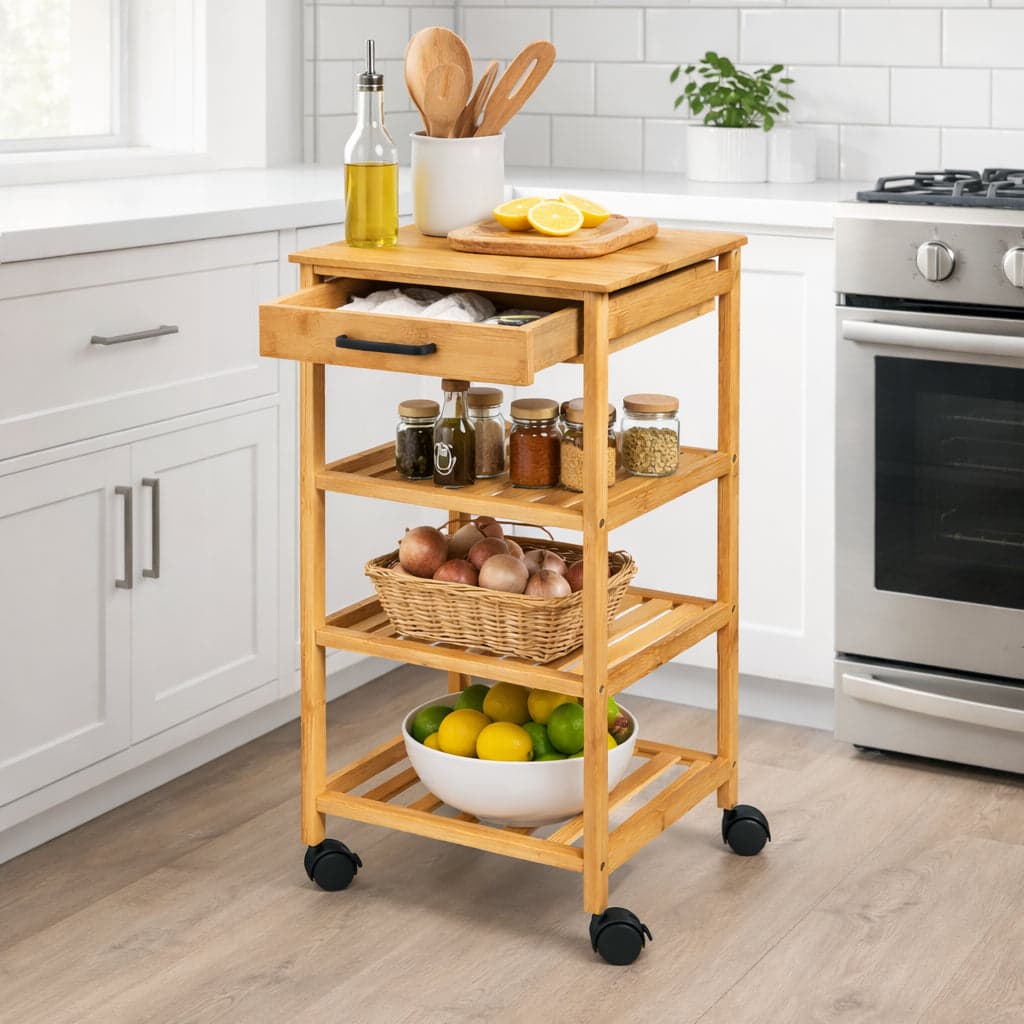 Carrello Cucina in Legno Bambù con Cassetto 3 Ripiani 4 Ruote 360 Design Minimal in Carrelli da portata Danyx - Casoria, commercioVirtuoso.it