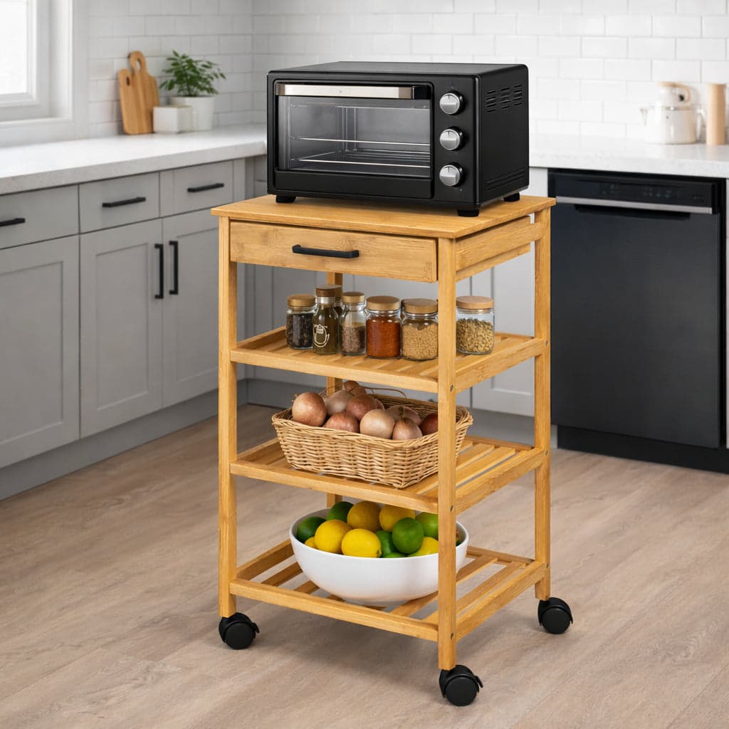 Carrello Cucina in Legno Bambù con Cassetto 3 Ripiani 4 Ruote 360 Design Minimal in Carrelli da portata Danyx - Casoria, commercioVirtuoso.it