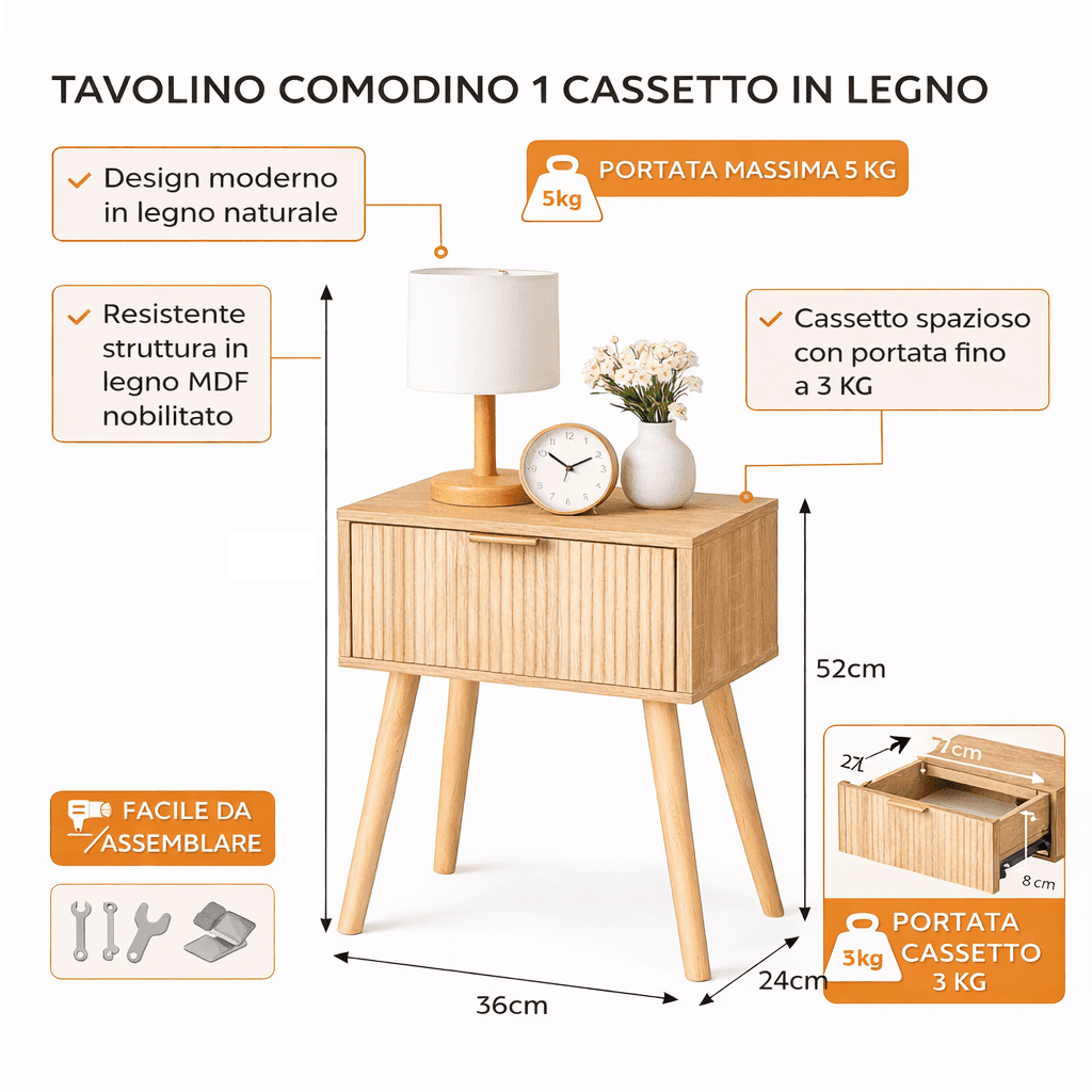 Tavolino Comodino Moderno in Legno 1 Cassetto 36x24 H52 cm Colore Naturale in Comodini Danyx - Casoria, commercioVirtuoso.it