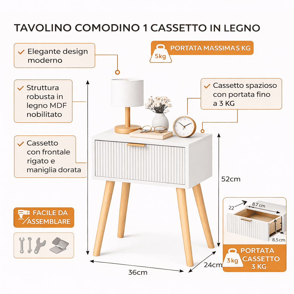 Tavolino Comodino Moderno in Legno 1 Cassetto 36x24 H52 cm Colore Bianco in Comodini Danyx - Casoria, commercioVirtuoso.it