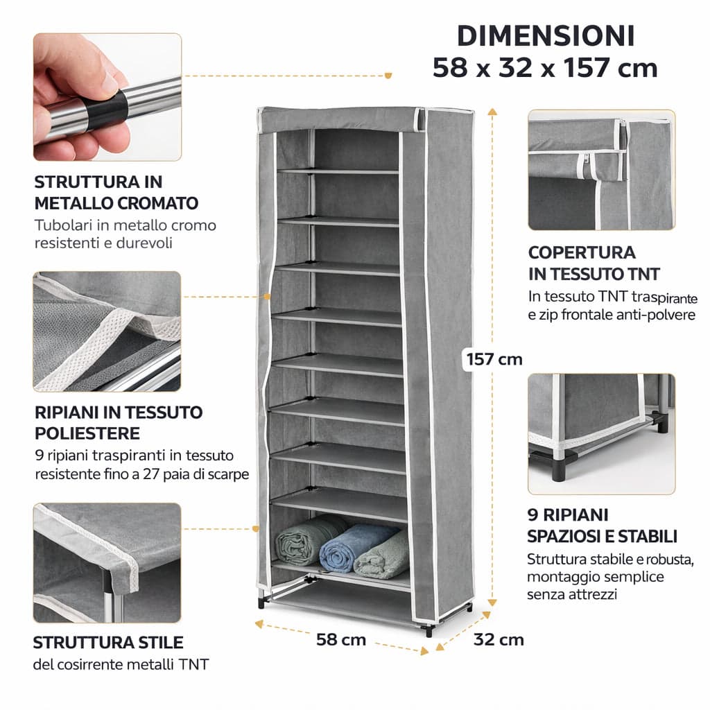 Armadio Scarpiera Salvaspazio 9 Ripiani TNT Struttura Metallo 58x32 h157 cm in Scaffali portascarpe Danyx - Casoria, commercioVirtuoso.it