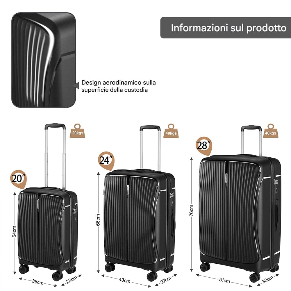 Set 3 Valigie Rigide ABS 90 59 38 Litri con Ruote Easy Roll e Lucchetto Nero in Bagaglio a mano Danyx - Casoria, commercioVirtuoso.it