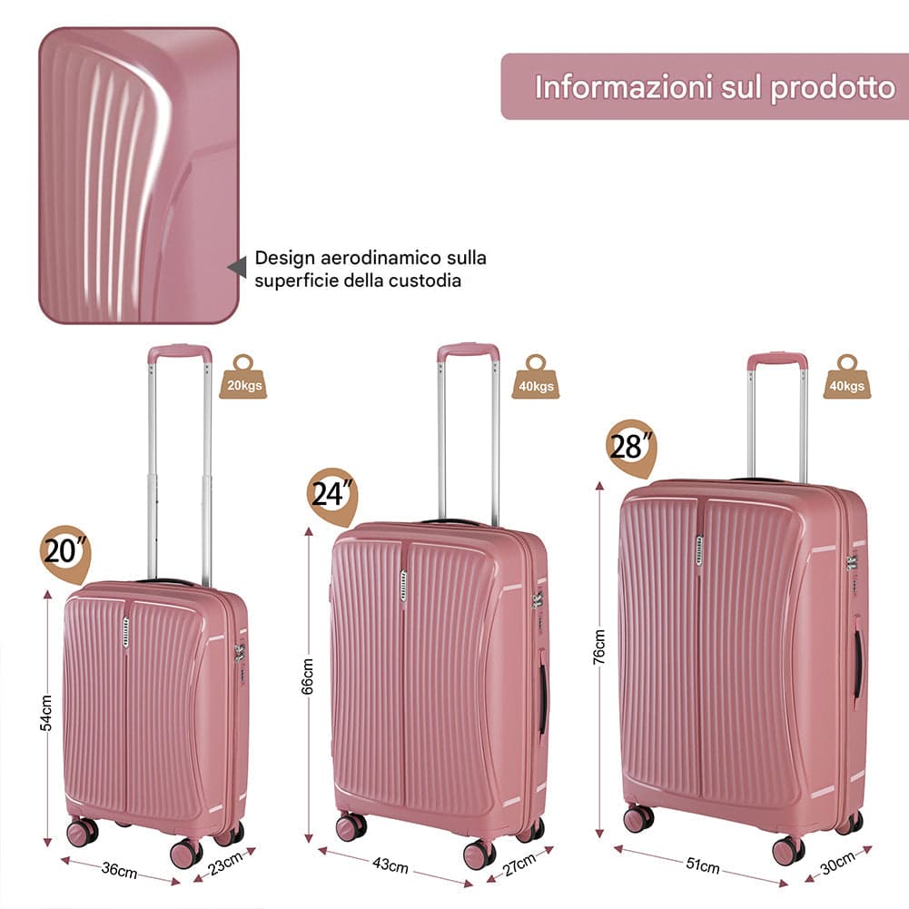 Set 3 Valigie Rigide ABS 90 59 38 Litri con Ruote Easy Roll e Lucchetto Rosa in Set di valigie Danyx - Casoria, commercioVirtuoso.it