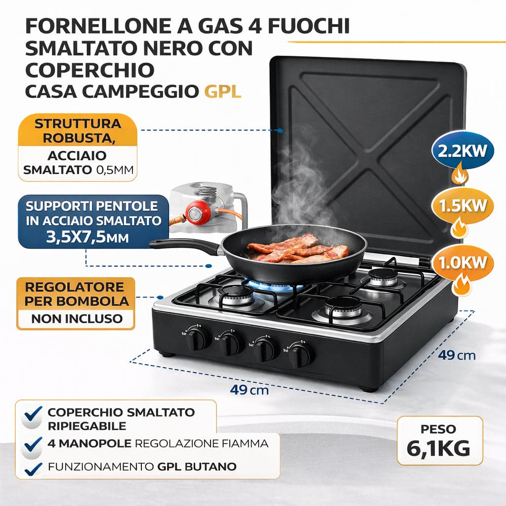 Fornellone a Gas 4 Fuochi Smaltato Nero con Coperchio Casa Campeggio 50x50cm in Fornelli Danyx - Casoria, commercioVirtuoso.it