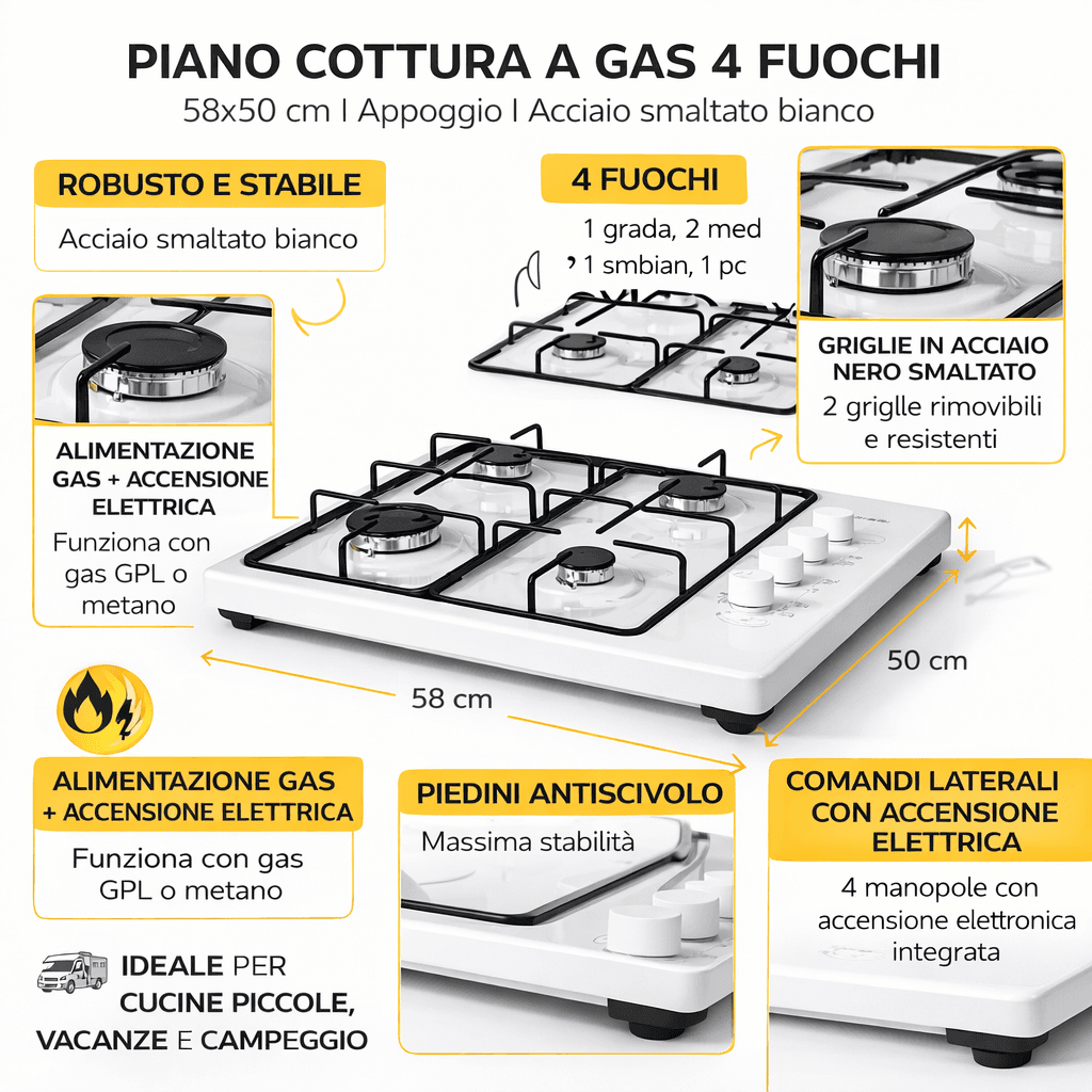 Piano Cottura a Gas da Appoggio 4 Fuochi 58x50 cm Accensione Elettrica Bianco in  Danyx - Casoria, commercioVirtuoso.it