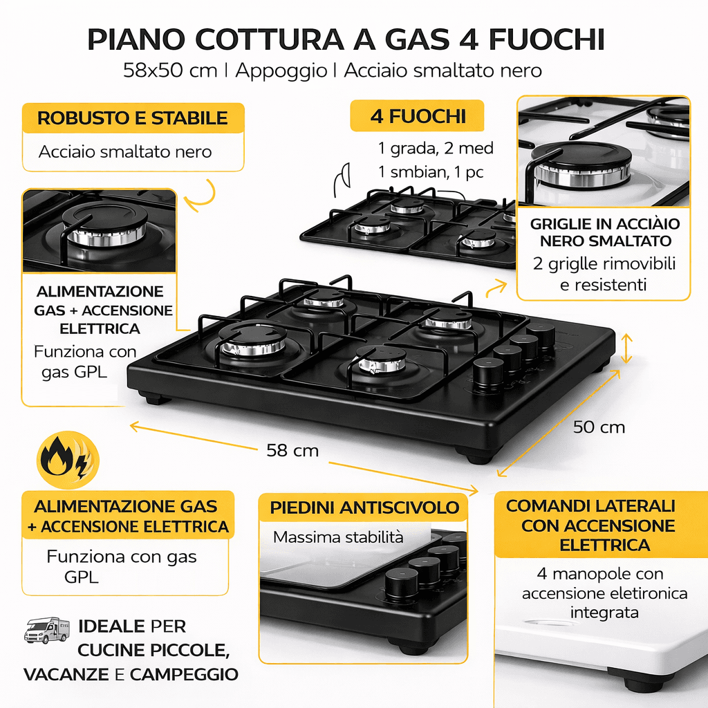 Piano Cottura a Gas da Appoggio 4 Fuochi 58x50 cm Accensione Elettrica Nero in  Danyx - Casoria, commercioVirtuoso.it