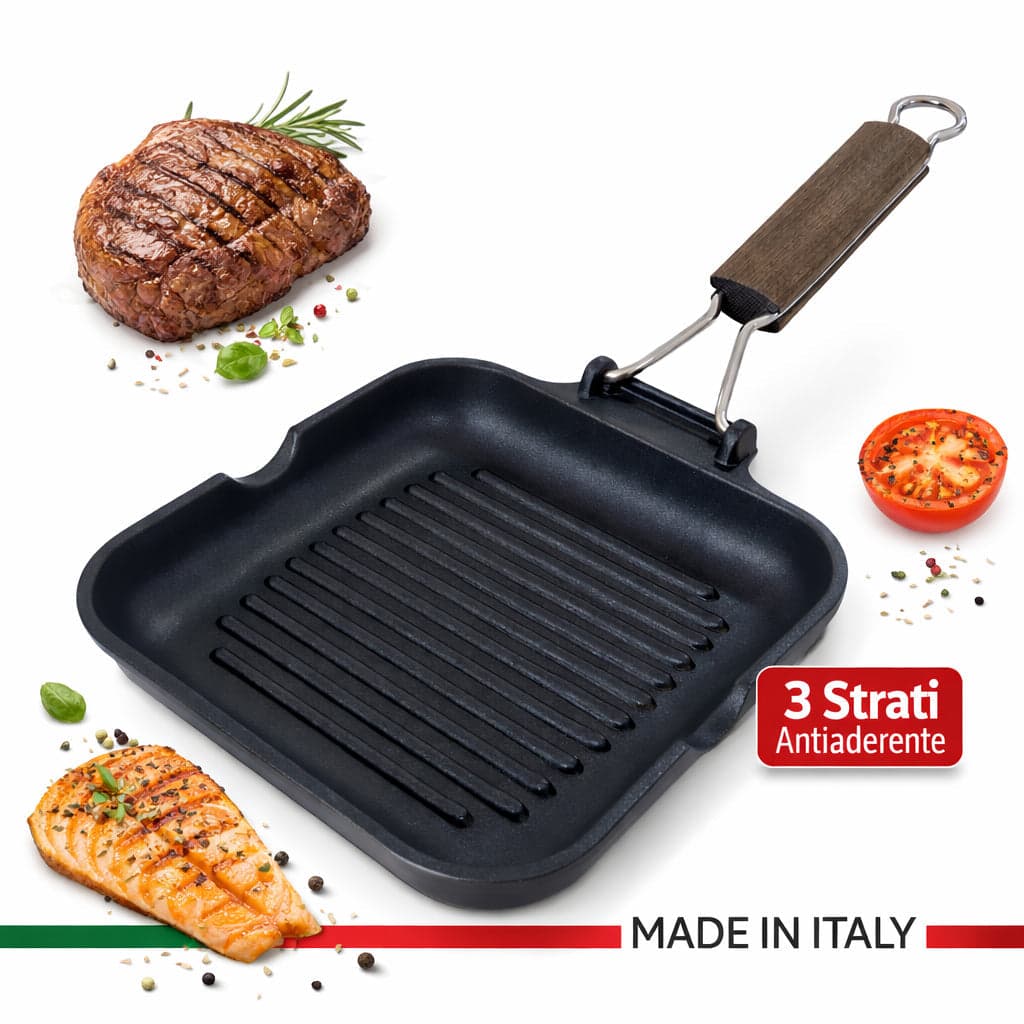Bistecchiera 20x20 cm Antiaderente 3 Strati Manico Pieghevole Salvaspazio Made in Italy in Padelle grill Danyx - Casoria, commercioVirtuoso.it
