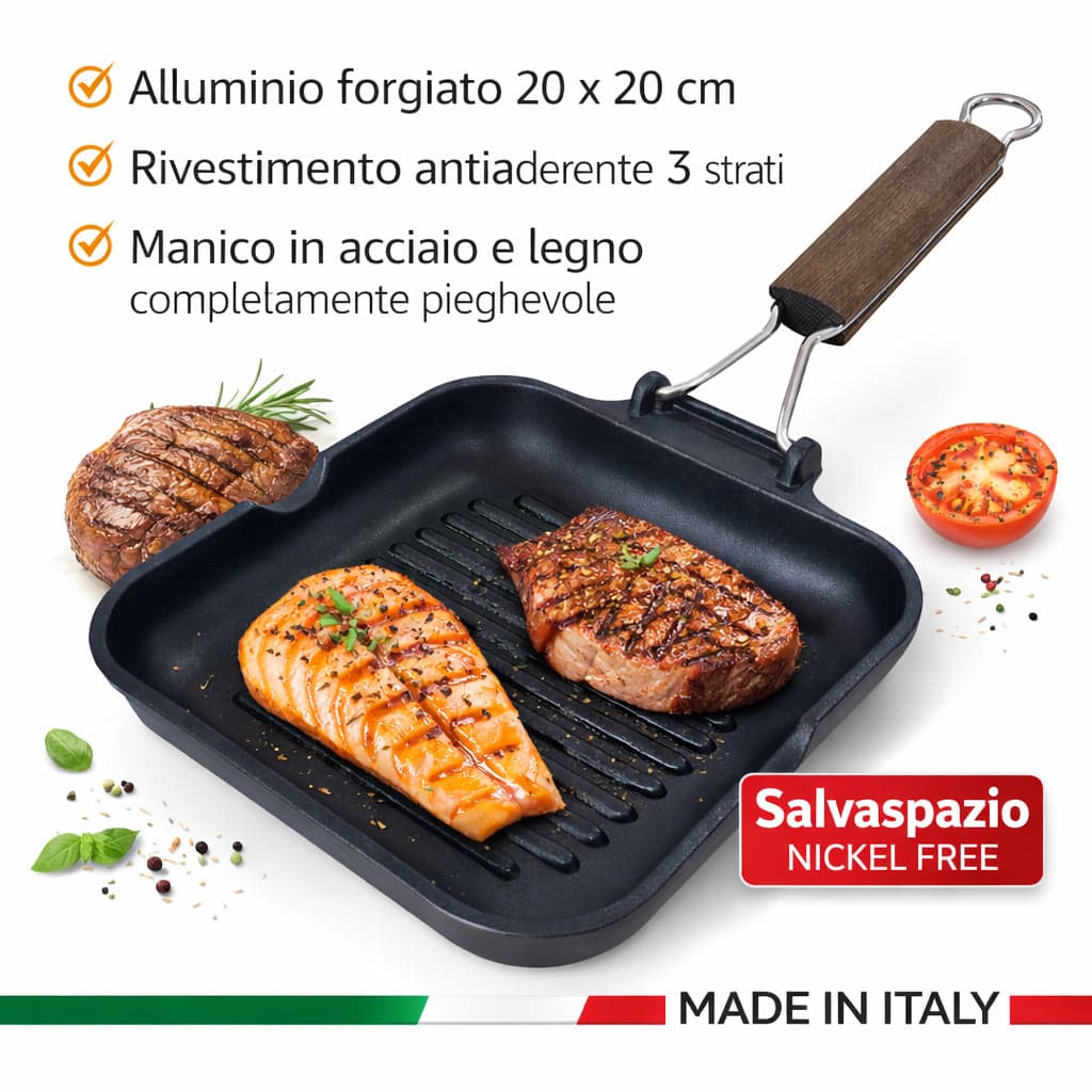 Bistecchiera 20x20 cm Antiaderente 3 Strati Manico Pieghevole Salvaspazio Made in Italy in Padelle grill Danyx - Casoria, commercioVirtuoso.it
