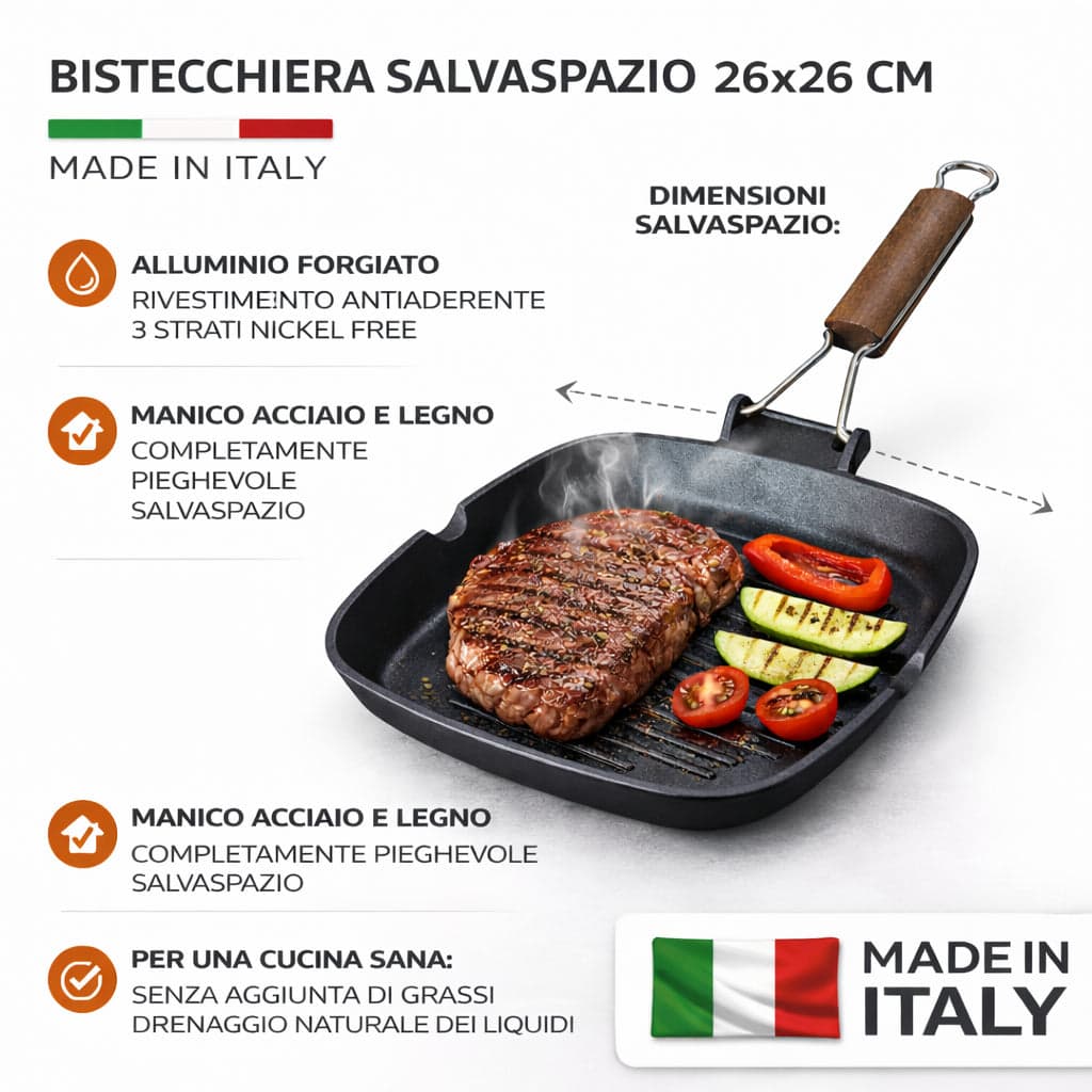 Bistecchiera 26x26 cm Antiaderente 3 Strati Manico Pieghevole Salvaspazio Made in Italy in Padelle grill Danyx - Casoria, commercioVirtuoso.it