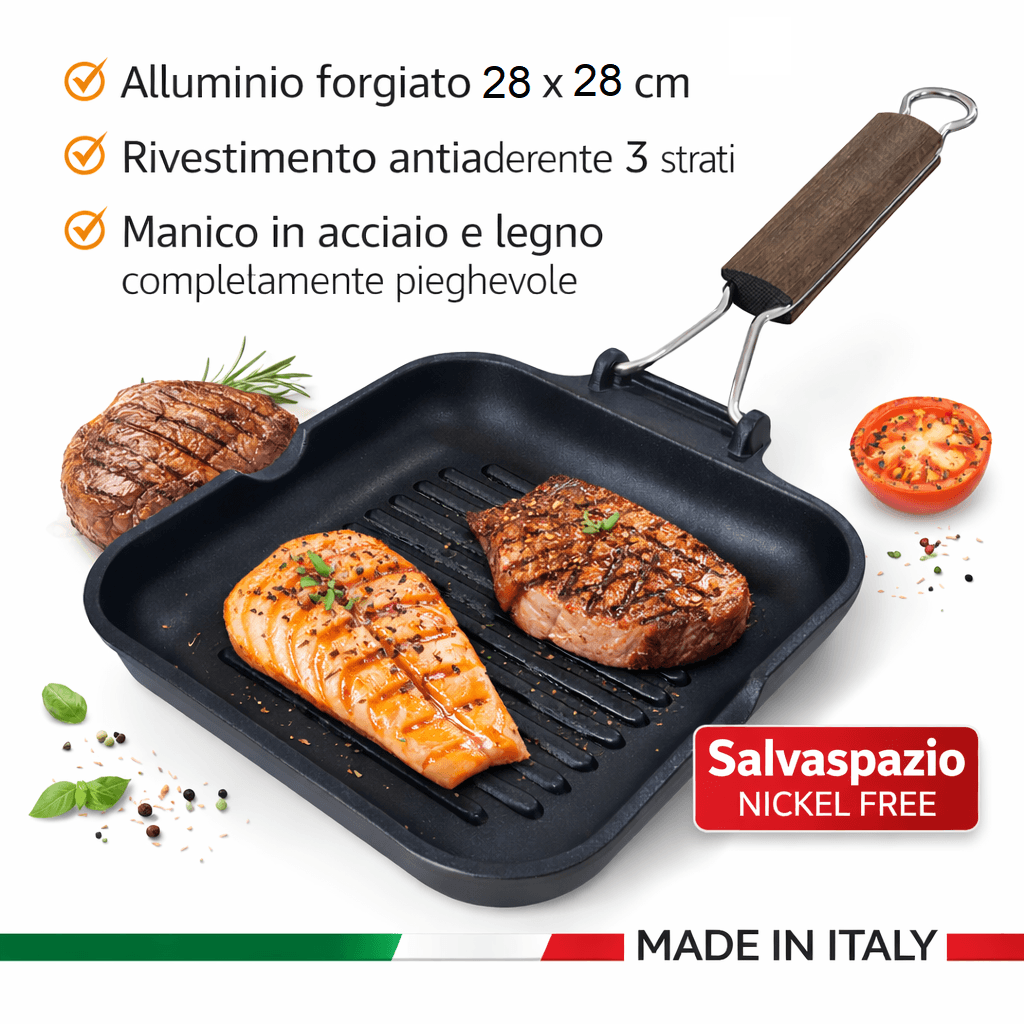 Bistecchiera 28x28 cm Antiaderente 3 Strati Manico Pieghevole Salvaspazio Made in Italy in Padelle grill Danyx - Casoria, commercioVirtuoso.it