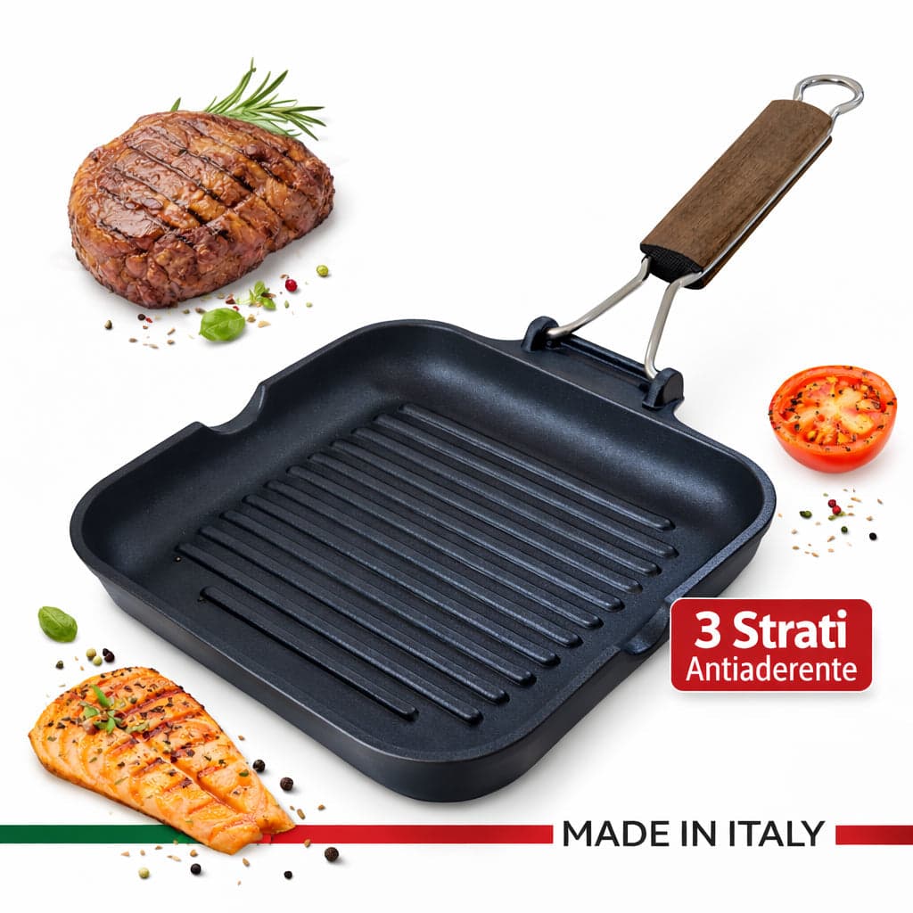 Bistecchiera 28x28 cm Antiaderente 3 Strati Manico Pieghevole Salvaspazio Made in Italy in Padelle grill Danyx - Casoria, commercioVirtuoso.it