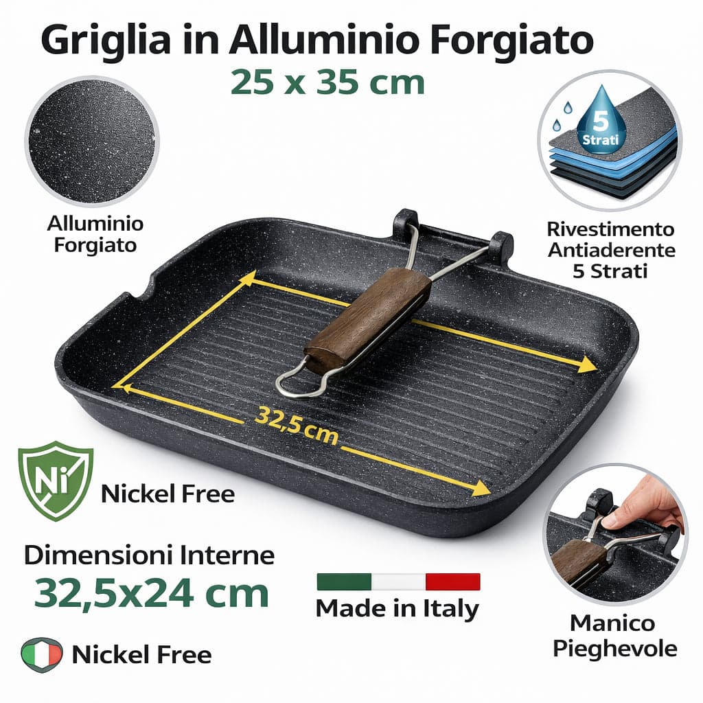 Bistecchiera 25x35 cm Antiaderente 5 Strati Pietra Manico Pieghevole Made in Italy in Padelle grill Danyx - Casoria, commercioVirtuoso.it