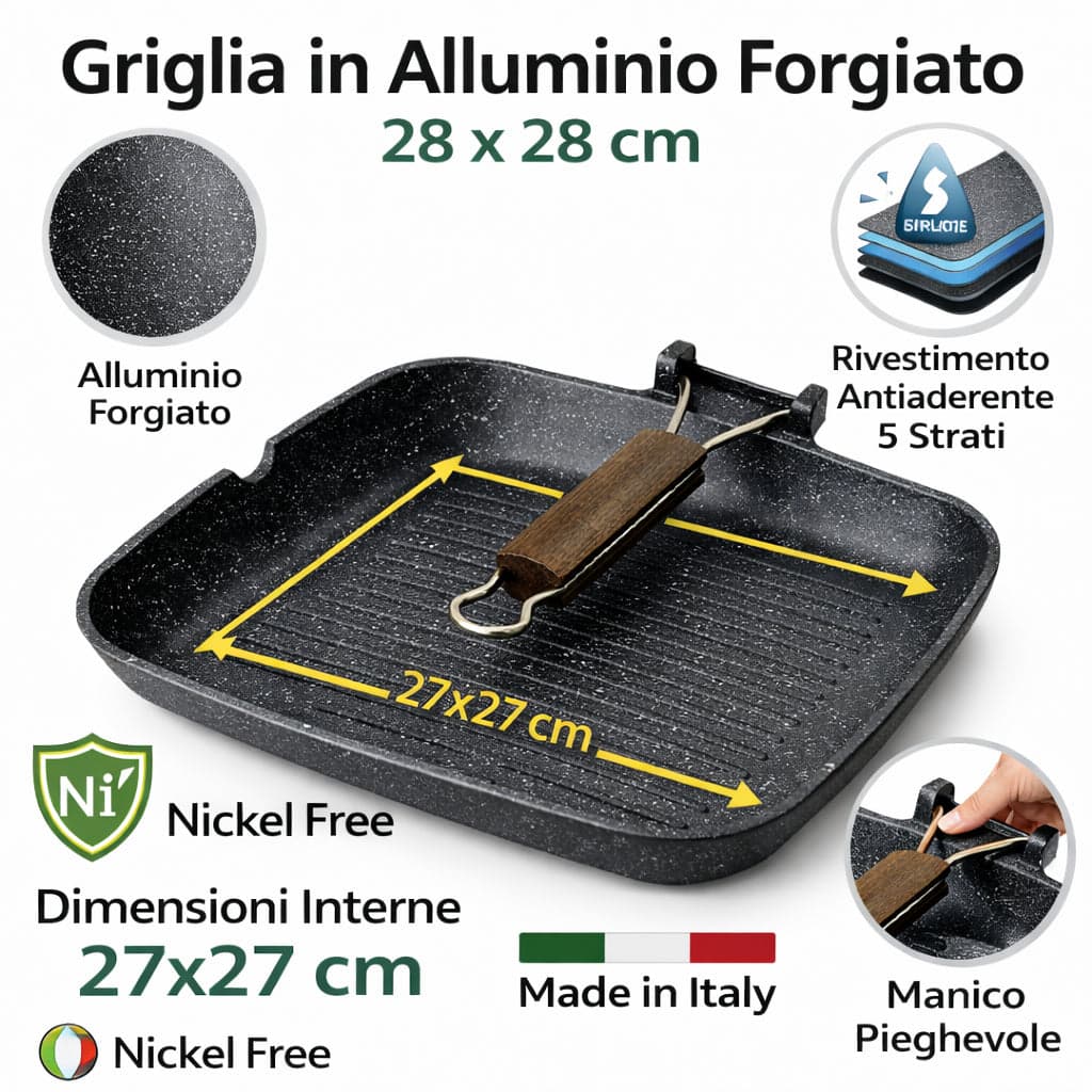 Bistecchiera 28x28 cm Antiaderente 5 Strati Pietra Manico Pieghevole Made in Italy in Padelle grill Danyx - Casoria, commercioVirtuoso.it